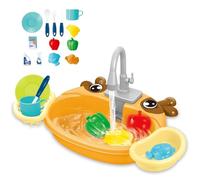Play Sink with Running Water, Kitchen Sink Toys with Upgraded Electric Faucet, Play Kitchen Toy Accessories, Pool Floating Food Toys for Water Play, Kids Role Play Dishwasher Toy (Orange)