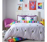 Playboy Bedding Rainbow Bunny Reversible King Duvet Cover Set with Pillowcases White