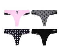 Playboy Women's Amazon Exclusive Juniors Ladies Bunny Print Underwear and Bra Sets in Sizes XXS-XL Panties, 4-Pack Thong with Lace, (Pack of 4)