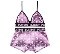 PLAYBOY Women's Amazon Exclusive Juniors Ladies Print Underwear and Bra Sets in Sizes XXS-XL Boy Short Panties, 2-Pack Wht Bunny on Stripes, Medium (Pack of 2)