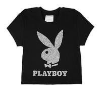 Playboy Womens Soft Cotton Blend Babydoll Tee Shirt with Faux Rhinestone Print Or Glitter Sizes S-XL, Black with Faux Rhinestone Bunny, X-Large Short