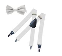 PlayCool WannGe Mens Suspenders Adjustable Elastic - Heavy Duty 1.4 Inch Wide X Shape 4 Strong Clips Suspender Braces and Bow Tie Set - White