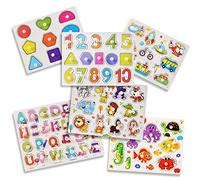 Playcrate 6 Pack Wooden Learning Puzzles for Kids - Educational Animals Numbers, Shapes and Letter Pegboard Puzzles - Fantastic Educational Aid for Children
