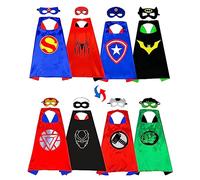 Playcrate Kids Superhero Capes & Masks - 8 Hero Fancy Dress Costumes - 4 Double Sided Capes, 8 Masks - Birthday Party Dress Up - Girls & Boys