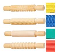 Playdough Tools, Kids Rolling Pins, 4 Small Wooden Rolling Pin Set, Clay | Textured Dough Rollers with Patterns, Play Craft Accessories, Mini Roller, Childrens Toddler Nursery Toy