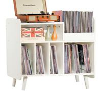Player Stand, Large Record Player Table Cabinet with Open Vinyl Storage and Display Shelf Holds up to 350 Albums, Mid Century Wood Turntable for Living Room, Bedroom White