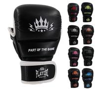Playerz Element Kids MMA Sparring Gloves, Synthetic Leather Grappling Gloves, Side Thumb Protection, Double Wrap Closure, 1" High Tech Padded Knuckle for Young Martial Artists (Black/White, XXSmall)
