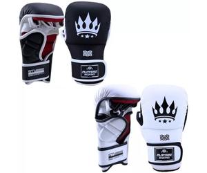 Playerz SparTech MMA Sparring Gloves - Vegan Microfibre, Dual-Layer Foam, Open Palm for Grappling & Striking Mitts, Curved Punch Zone, Adjustable Wrist Strap - Black/White (S-XL)