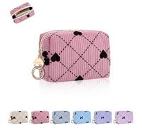 Playexen Corduroy Mini Makeup Bag, Small Cosmetics Bag with Ring Buckle, Portable Travel Makeup Pouch for Women, Daily Use, C-XS Hearts-Pink, Mini