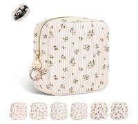 Playexen Corduroy Mini Makeup Bag, Small Cosmetics Bag with Ring Buckle, Portable Travel Makeup Pouch for Women, Daily Use, A-Floral-Mini Yellow, Small