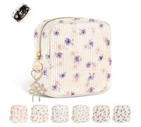 Playexen Corduroy Mini Makeup Bag, Small Cosmetics Bag with Ring Buckle, Portable Travel Makeup Pouch for Women, Daily Use, A-Floral-Rose Purple, Small