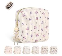 Playexen Corduroy Mini Makeup Bag, Small Cosmetics Bag with Ring Buckle, Portable Travel Makeup Pouch for Women, Daily Use, A-Floral-Mini Purple, Small