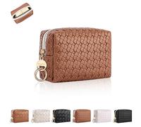 Playexen Makeup Bag for Purse, PU Leather Small Cosmetics Bag with Ring Buckle, Portable Mini Travel Makeup Pouch for Women, Daily Use, Birthday/Wedding/Christmas Gifts, XS-Small Plaid Brown, Mini