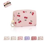 Playexen Mini Makeup Bag, Corduroy Small Cosmetic Bag for Purse, Portable Travel Makeup Pouch for Lipsticks, Chapsticks, Coin, Earphone, Cherry-Light Pink, Mini