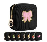 Playexen Personalized Small Makeup Bag, Corduroy Small Cosmetic Bag with Chenille Patch, Portable Mini Travel Toiletry Organize Pouches, Women Girlfriend Sister Wife Grandma Daughter Gifts, Black-Bow