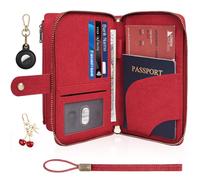 Playexen RFID Blocking Passport Wallet, Anti Theft PU Leather Passport Pouch with Tracker Case, Travel Document Organizer Zipper Wallet with Wrist Strap, Gifts for Women and Men, Texture-Red, Fashion