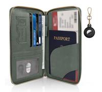 Playexen RFID Blocking Passport Wallet, Anti Theft PU Leather Passport Pouch with Tracker Case, Travel Document Organizer Zipper Wallet with Wrist Strap, Gifts for Women and Men, Green, Fashion