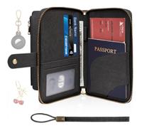 Playexen RFID Blocking Passport Wallet, Anti Theft PU Leather Passport Pouch with Tracker Case, Travel Document Organizer Zipper Wallet with Wrist Strap, Gifts for Women and Men, Texture-Black