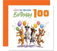 Playful 100th Birthday Card - Paws-itively Joyful - Four Party Dogs, Balloons and Confetti for a 100th - Full of Colour and Celebration - 145mm Square, Envelope Included