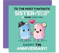 Playful 10th Anniversary Card for Sister & Brother In Law - Celebrating 10 Years with a Bang - Adorable Cartoon Cans Holding Hands - 145mm Square, Envelope Included