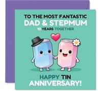 Playful 10th Anniversary Card for Stepmum & Dad - Celebrating a Decade of Love - Cute Cartoon Tin Cans Holding Hands - 145mm Square, Envelope Included