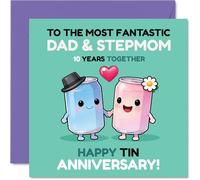Playful 10th Anniversary Card for Stepmum & Dad - Celebrating a Tin-tastic 10 Years - Cute Cartoon Cans Couple Design - 145mm Square, Envelope Included