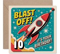 Playful 10th Birthday Card - Blast off into Double Digits - Retro Rocket Zooms Through a Colourful Space Scene - 145mm Square, Envelope Included