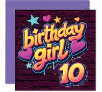 Playful 10th Birthday Card - Bursting with Birthday Energy - Graffiti-style Stars and Hearts in Bold, Vibrant Hues - 145mm Square, Envelope Included