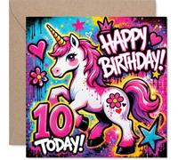 Playful 10th Birthday Card - Bursting with Birthday Energy - Colourful Graffiti Unicorn Design with Hearts, Stars and Flowers - 145mm Square, Envelope Included