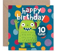 Playful 10th Birthday Card - Bursting with Cheeky Monster Fun - Bright and Colourful Creatures in Party Mode - 145mm Square, Envelope Included