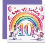 Playful 10th Birthday Card - Bursting with Unicorn Magic - Rainbow, Balloons and Cheerful Pinks and Purples - A Joyful 10th Celebration - 145mm Square, Envelope Included