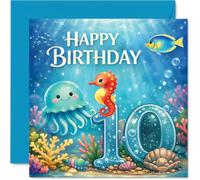 Playful 10th Birthday Card - Dive into Birthday Fun - Cheery Underwater Scene with Jellyfish, Seahorse and Vibrant Coral - 145mm Square, Envelope Included