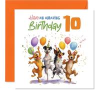 Playful 10th Birthday Card - Double Digits, Double the Fun - Four Dogs and Balloons in a Colourful Birthday Bash - 145mm Square, Envelope Included