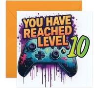Playful 10th Birthday Card for Gamer, 'You Have Reached Level 10' Graffiti Joystick Game Controller Design for Boy or Girl, for Gamers, Brother Sister Niece Nephew Grandson, Blank Inside