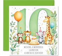 Playful 10th Birthday Card for Grandson - Full of Birthday Cheer - Colourful Animals Partying in a Vibrant Jungle Scene - 145mm Square, Envelope Included
