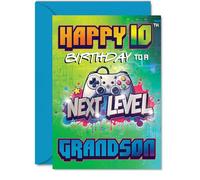 Playful 10th Birthday Card for Grandson - Level Up the Birthday Fun - Vibrant Gaming Controller Design with Bold Colours - 5x7 Inch, Envelope Included
