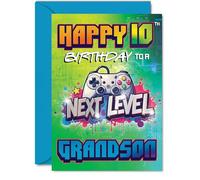 Playful 10th Birthday Card for Grandson - Level Up to Double Digits - Vibrant Gaming Controller Design in Bold Greens and Blues - A5, Envelope Included