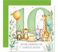 Playful 10th Birthday Card for Son - Bright Birthday Fun - Cute Animals, Cake and Balloons in a Festive Scene - Bursting with Colourful Cheer - 145mm Square, Envelope Included
