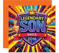 Playful 10th Birthday Card - Gaming Legend Vibes - Trophy and Controllers Design with Bold, Vibrant Colours - Celebrates a Top Son Born in 2016-145mm Square, Envelope Included