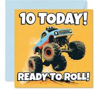 Playful 10th Birthday Card - Get in Gear for Fun - Bold Monster Truck with '10 Today! Ready to Roll!' Slogan - Bursting with Energy and Colour - 145mm Square, Envelope Included