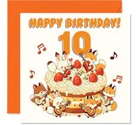 Playful 10th Birthday Card - Jam-packed with Birthday Cheer - Cute Animals Rocking Out with Guitars Round a Birthday Cake - 145mm Square, Envelope Included