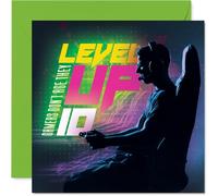 Playful 10th Birthday Card - Level Up the Birthday Fun - Neon Gamer Silhouette with Bold 'gamers Don't Age, They Level Up' Slogan - 145mm Square, Envelope Included