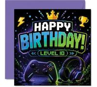 Playful 10th Birthday Card - Level Up the Fun - Vibrant Gaming Controller and Headphones Design - Bursting with Gamer Energy - 145mm Square, Envelope Included