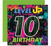 Playful 10th Birthday Card - Level Up to Double Digits - Vibrant Gaming Neon Design - Perfect for Young Gamers' Milestone Moments - 145mm Square, Envelope Included