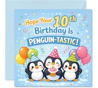 Playful 10th Birthday Card - Make Their Big Day Penguin-tastic - Cheery Penguins in Party Hats with Colourful Balloons - 145mm Square, Envelope Included