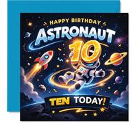 Playful 10th Birthday Card - Out-of-this-world Fun - Astronaut Floating in Vibrant Space with Bold Gold Accents - 145mm Square, Envelope Included