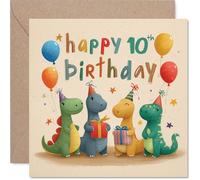 Playful 10th Birthday Card - Roaring Fun for Turning Ten - Colourful Dinosaurs with Balloons and Gifts - Bursting with Birthday Cheer - 145mm Square, Envelope Included