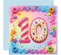 Playful 10th Birthday Card - Sprinkle-tastic Double Doughnut Delight - Colourful Number 10 with Stars and Party Confetti - 145mm Square, Envelope Included
