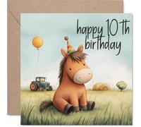 Playful 10th Birthday Card - Trot into Double Digits - Cartoon Horse in a Party Hat on a Grassy Field - Bursting with Birthday Cheer - 145mm Square, Envelope Included
