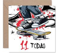 Playful 11th Birthday Card - Catch the Thrill - Skateboarder in Bold Colours Leaps Across '11 Today' Design - Bursting with Youthful Energy - 145mm Square, Envelope Included